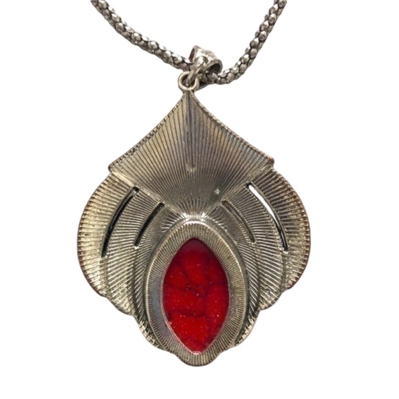 Red Faux Stone Pendant Necklace - Picture 2 of 9